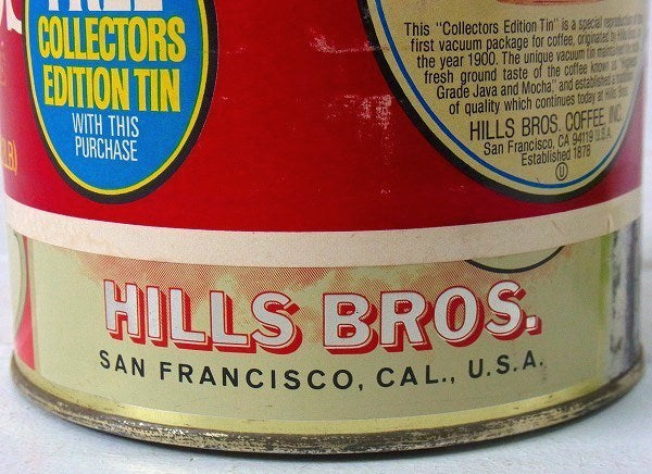 【HILLS BROS】ヒルスコーヒー・紙ラベル付きヴィンテージ・限定コーヒー缶/ティン缶 USA