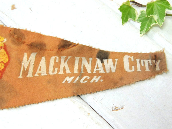 【1940's~MACKINAW CITY】羽つきインディアン・ミシガン州・ヴィンテージ・ペナント