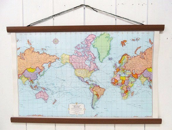 【Rand McNally】USA・ランドマクナリー社・世界地図のヴィンテージ・タペストリー/壁飾り