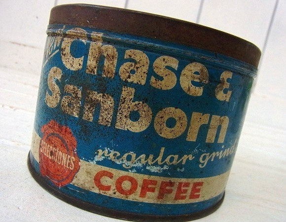 【Chase&Sanborn】青色のシャビーなヴィンテージ・コーヒー缶/ティン缶 USA